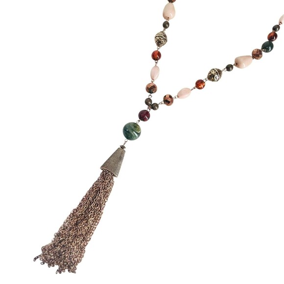 Erica Lyons Colorful Beaded Necklace Gold Green Beige Amber Tassel 28 In Long - Picture 2 of 5